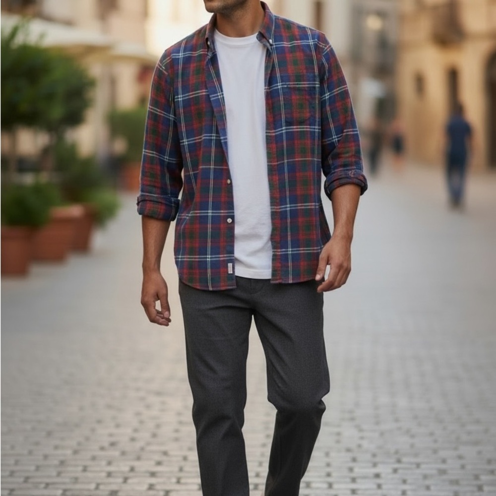 Ralph Lauren Men's Plaid Button-Up Shirt - Red & Blue Tartan